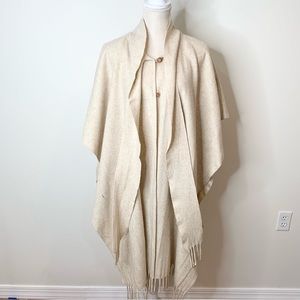 100% Wool Cape Poncho Ivory With Scarf With Fringe